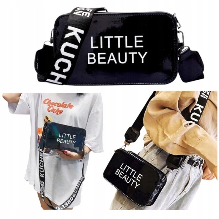 LITTLE BEAUTY Small Black Patent Leather Shoulder Bag with Text Strap