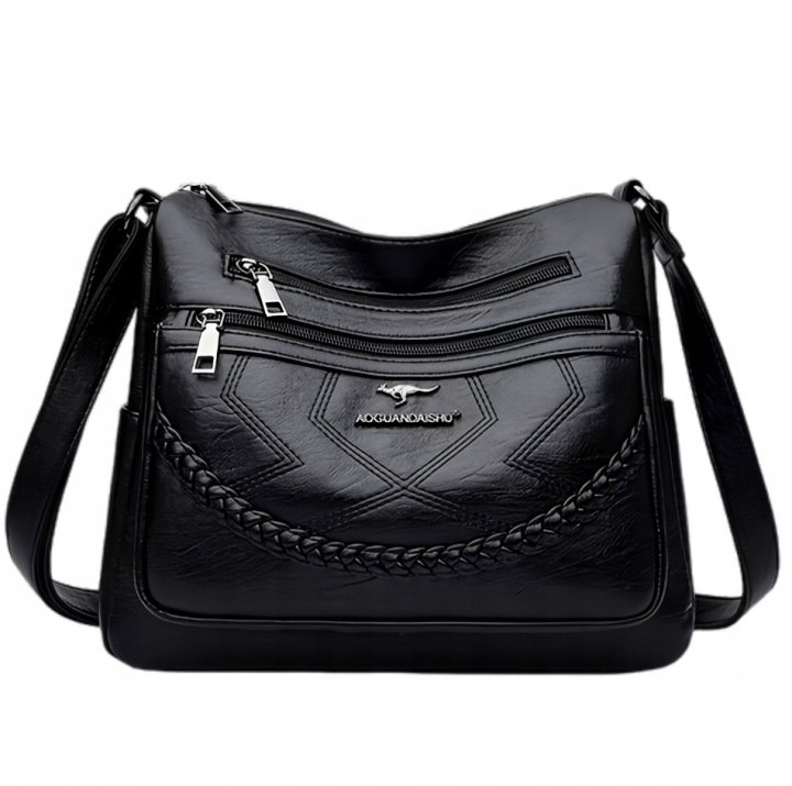 Women’s Black Leather City Shoulder Bag Many Pockets