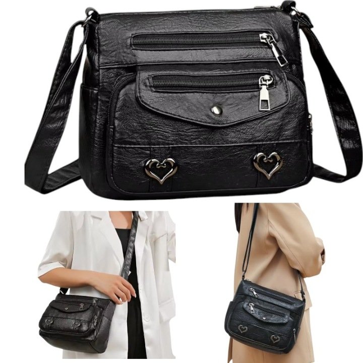 Women’s Small Black Heart Shoulder Bag with Many Pockets